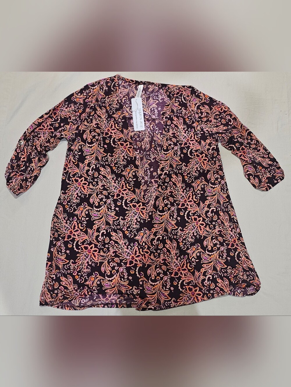Dear Scarlett Dark Chocolate Floral Tunic Cardigan with Pink & Orange Accents
